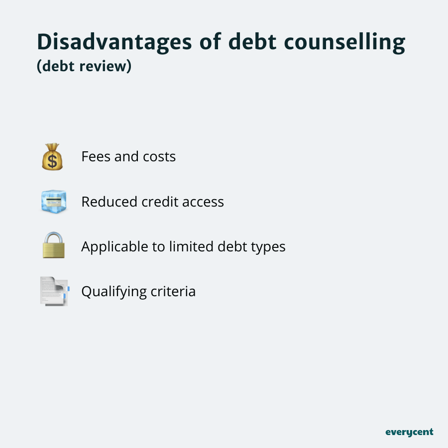 A list of the various disadvantages of debt counselling (debt review)