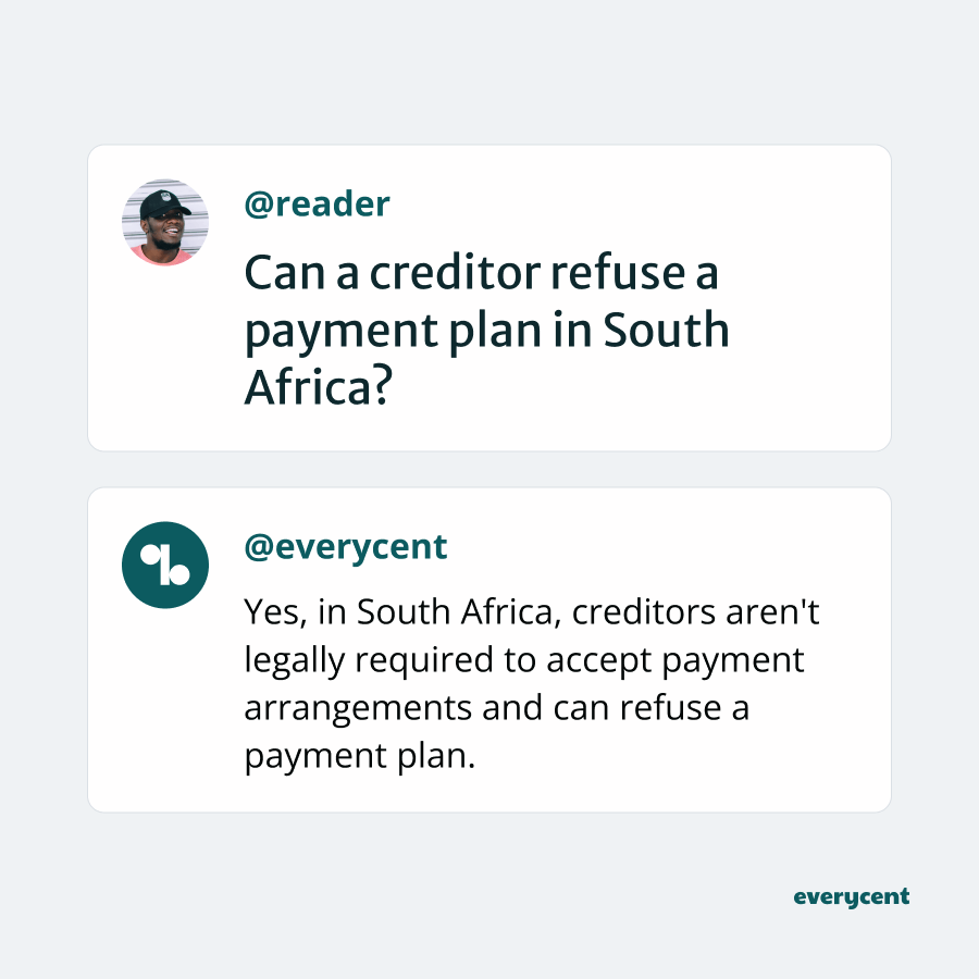 Social media style graphic that answers a question about creditors’ rights to refuse payment plans in South Africa.