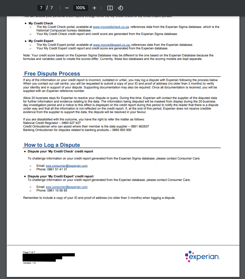 A screendhot of the dispute info at the bottom of a credit report PDF