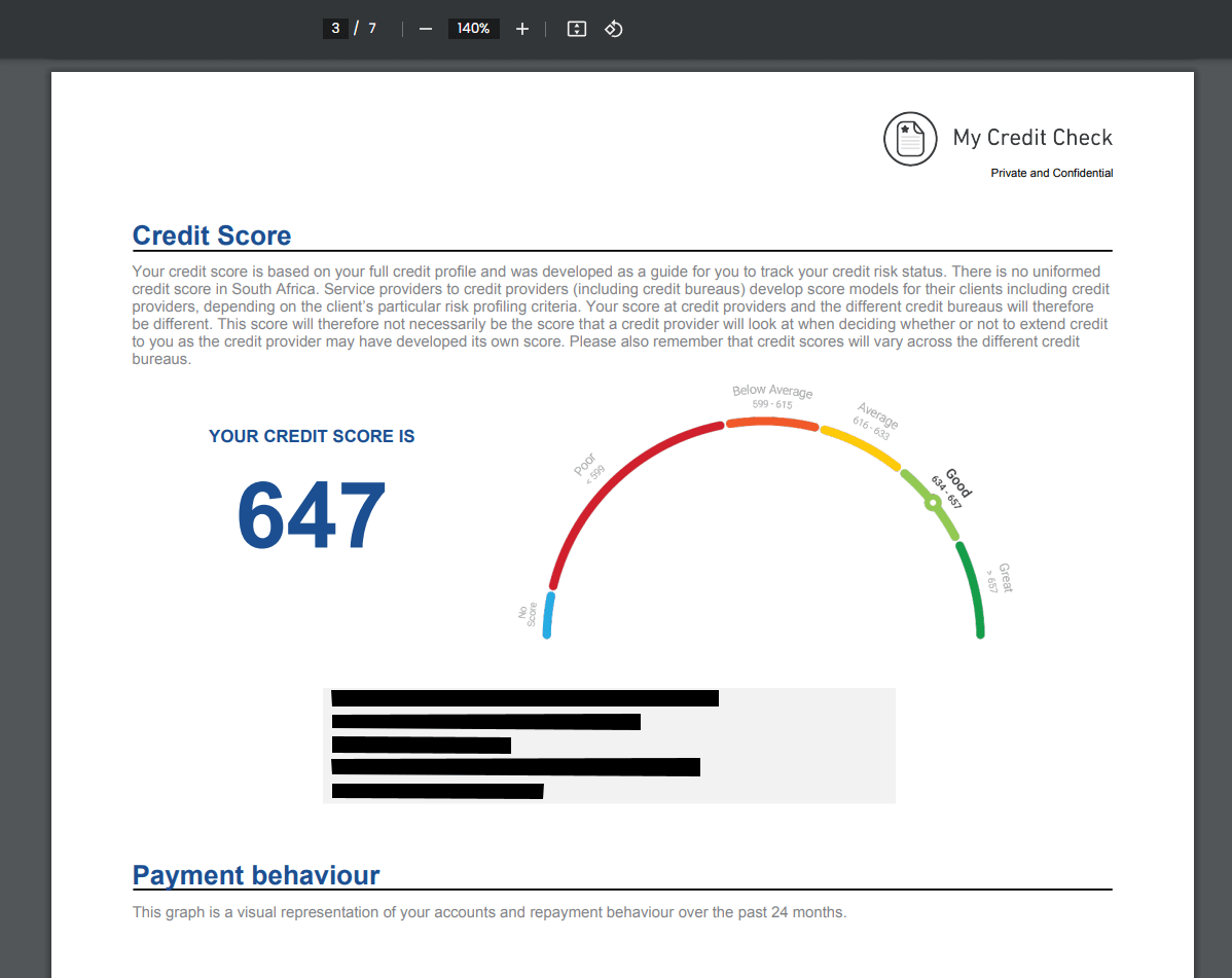 A screenshot of a credit score in a My Credit Check PDF Report