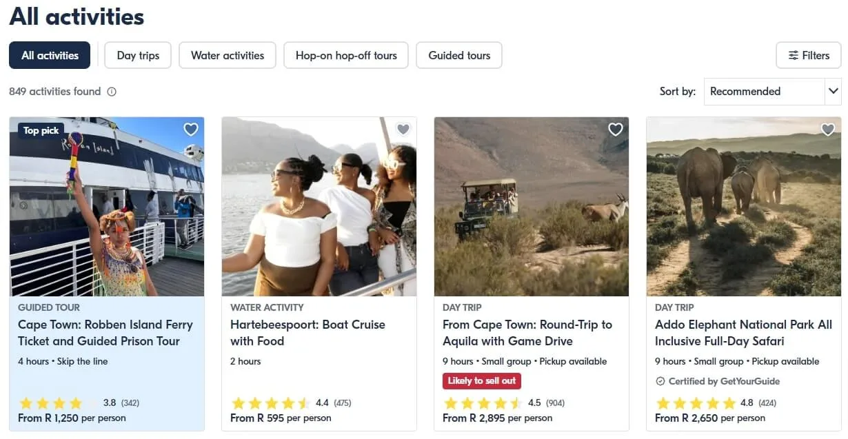 A screenshot of Get Your Guide travel experience packages