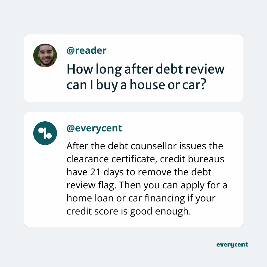 A Q&A graphic with a question about purchasing a house or car after debt review and an informative response