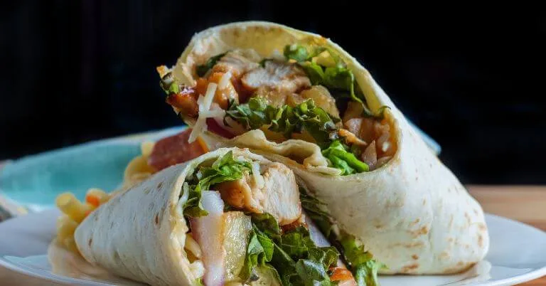 Chicken wrap with fresh veggies on a white plate.