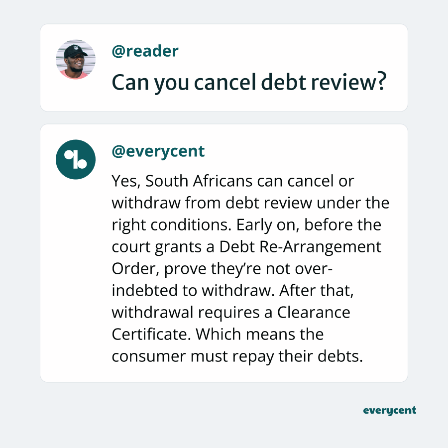 FAQ graphic explaining how South Africans can cancel or withdraw from debt review