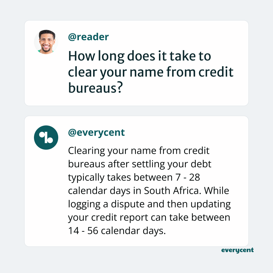 A Q&A style graphic explaining how long it takes to clear your name from South African credit bureaus