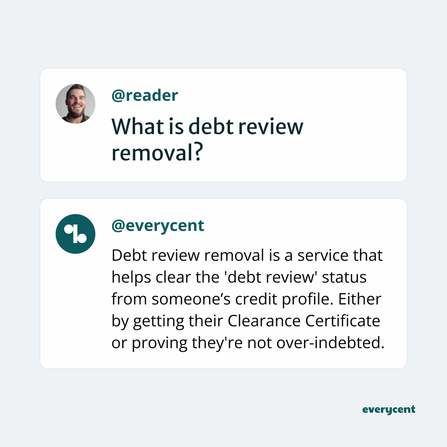 FAQ graphic explaining debt review removal, a service to clear the 'debt review' status