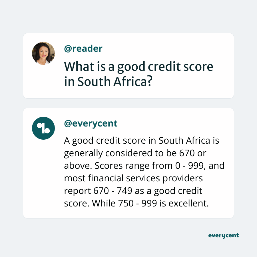 Q&A graphic explaining what is a good credit score in South Africa.