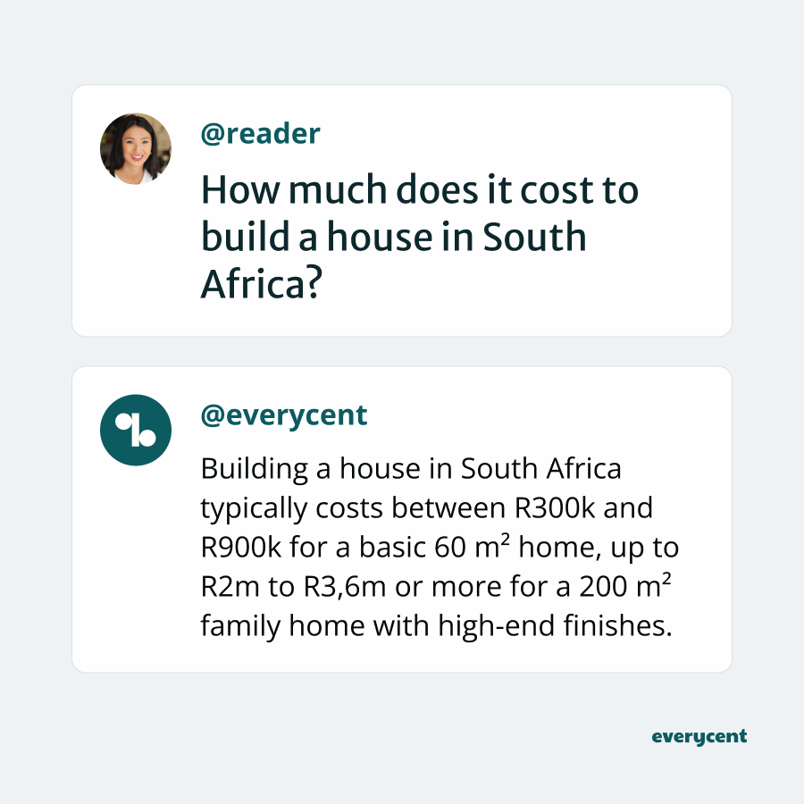 Social media Q&A graphic discussing the cost of building a house in South Africa, with Everycent branding.