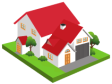 Graphic of a house with a red roof and garage
